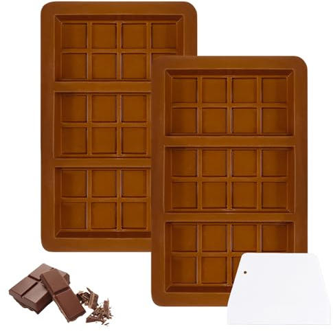 FENGZIZH 2PCS Chocolate Moulds with Spatula, Silicone Chocolate Bar Moulds for Healthy Homemade Treats, Reusable Chocolate Bar Mold for DIY Baking, Easy Demoulding (8 Grid 3 Section)