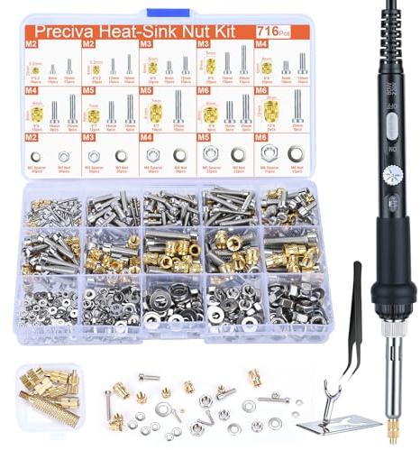 Preciva Threaded Inserts Set, 716Pcs Heat Set Inserts Nuts Bolts with M2 M3 M4 M5 M6 Insert-Tip, 60W Soldering Iron and Holder, for 3D Printer Parts or Plastic Parts