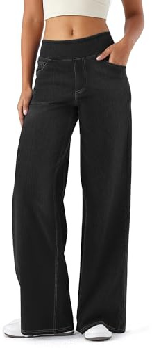 ZIRUU Women Stretchy Denim Wide Straight Leg Jeans High Waisted Baggy Trendy Tummy Control Pants with Pockets Loose Fit Elasticity Casual Jeans in Black Large