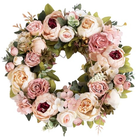 Oreilet Spring Peony Wreath for Front Door, 15.7in Realistic Peony Wreath, Artificial Flower Summer Floral Wreaths All Season for Door Wedding Wall Outdoor Indoor Decoration (Champagne)