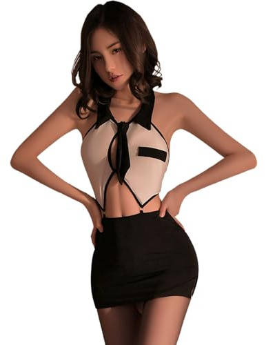 QYYZTQY Tenue de secrétaire pour Femme, Lingerie de Bureau, Costume de Professeur de Cosplay, Uniforme OL, Robe Une piè Dos Nu, Jupe Dos Nu, Body de Jeu de rôle, Nuisette avec Cravate, Ensemble