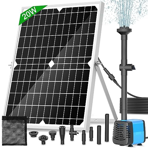 Pompa solare per laghetto, pompa a fontana solare da 20 W con portata di 1325 l/h, cavo di alimentazione estensibile da 5 m, 4 stili di spruzzo e borsa barriera detriti, perfetta per stagni e giochi