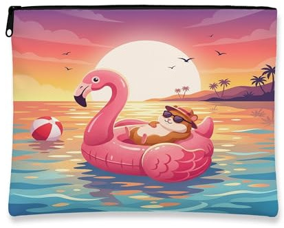 Funny Hamster Makeup Bag, Flamingos Lifebuoys Sea Cosmetic Travel Pouch for Women Girls, Animal Portable Small Canvas Zipper Organizer 7x9 Inch