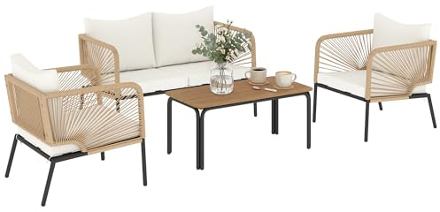 Outsunny Conjunto Jardín Exterior de 4 Piezas con Sofá de 2 Plazas Blanco | 2 Sillones, Mesa de WPC, Ratán PE Tipo Cuerda, Cojines Acolchados, Marco de Metal, para Terraza