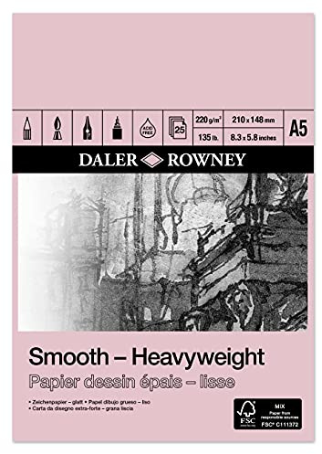 Daler-Rowney Smooth 220gsm A5 Heavyweight Drawing Paper Pad, Glued 1 Side, Acid-free, 25 Natural White Sheets, For Professional Artists & Students