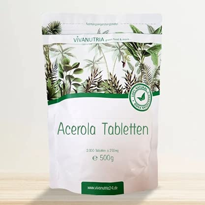 VivaNutria Acerola Tabletten 500g | 2500 Stück I natürliche Vitamin C Tabletten I 100% reine Acerola Kirsche aus kontrolliertem Anbau und laborgeprüft I vegan