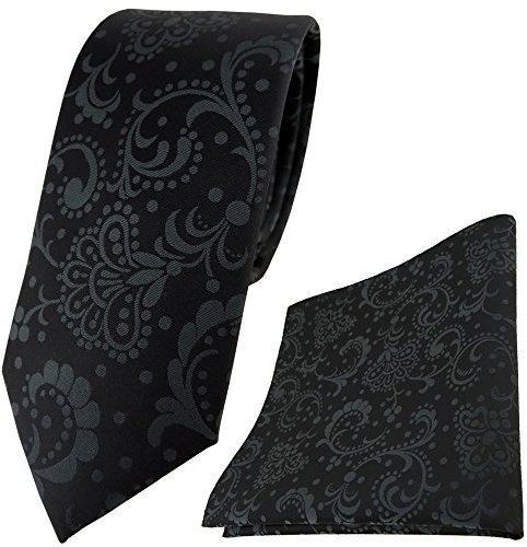 TigerTie schmale Kinderkrawatte + Einstecktuch in schwarz anthrazit Paisley gemustert
