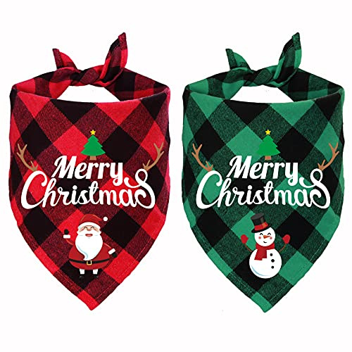 STMK 2 Pack Plaid Dog Bandanas, Christmas Plaid Dog Bandanas for Large Medium Dogs Christmas Costume Decorations (Red & Green, Santa & Snowman)
