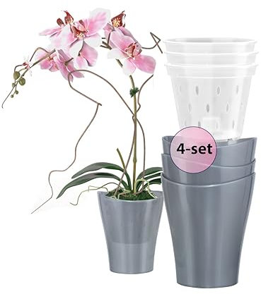 Garten lux Orchideentöpfe Anthrazit 4er-Set 1L Ø13 cm mit 4er-Set Orchideen Übertöpfe Drainageloch Kunststoff Transparent 0.55L Ø11 cm für den Innenbereich