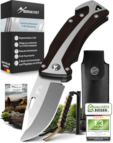 BERGKVIST® K30 Coltello pieghevole 3-in-1 (coltellino tascabile a due mani) per la sopravvivenza, la caccia e il campeggio - con tagliacinture e rompivetro - Manico in ebano