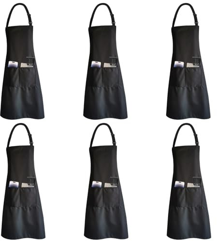 NefLaca 6 pezzi Grembiule da Cucina con 2 tasche unisex Cintura Regolabile Collo Grande edizione Uomo Donna Grembiule Cuoco Ristorante BBQ Bar Chef Dipingere Lavori Domestici (Tessuto poliestere)