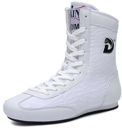 ZHENSI Scarpe da Boxe Bambini Wrestling Fitness Sneaker Stivali da Allenamento Tozzi Piatti per Ragazzo E Ragazza,Bianca,35 EU