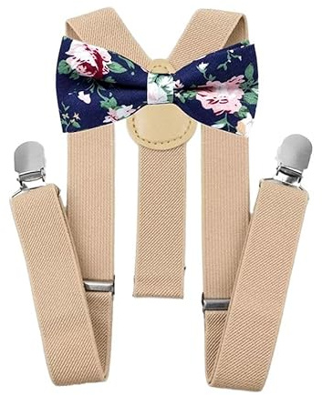 Barn barn pojkar bomull fluga och hängslen set, Blå blommig fluga och beige hängslen, Bow Tie: Length 10cm, width 5cm