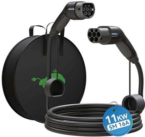 Miracle EV Connctor EV Cable de Carga Tipo 2 Cable de Vehículo Eléctrico EV 16A 11KW Cable de 5m IP65 Impermeable con Bolsa de Transporte para IEC62196 Híbrido de Carga de Coches Eléctricos（Negro）