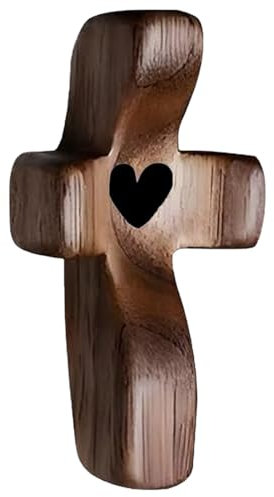 XPEX 1 Stück Geschnitztes Handschmeichler,5X3Cm Klein Holzkreuz, Handschmeichler Holz, Handgeschnitztes Liebeskreuz Aus Holz Mit Schwarz Herzen Für Andachtsgebete Taufe Kommunion