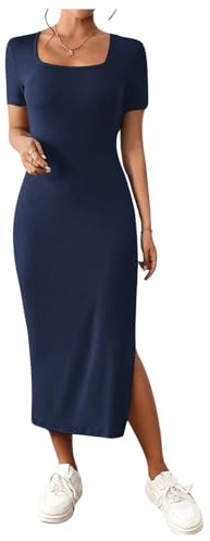 GORGLITTER Vestido ajustado con hendidura para mujer, manga corta, vestido de verano, vestido de lápiz, vestido informal, vestido de camiseta, vestido, azul oscuro, S