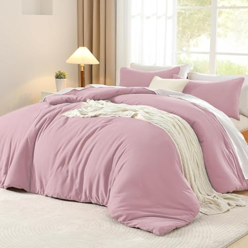 Luofanfei Housse de Couette Coton 240 x 260 Vieux Rose Adulte Ado Uni 2 Personnes Parure de Lit Unie en Coton Housse Couette 240x260 Linge de Lit avec Fermeture éclair et 65x65cm Taies d'oreiller