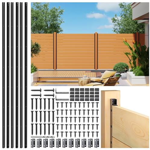 Prinfort 6pack 6FT (H: 68″) Matel Backyard Privacy Fence Panels Post Black, Install Fence Panels Post for Wood Slats Outdoor