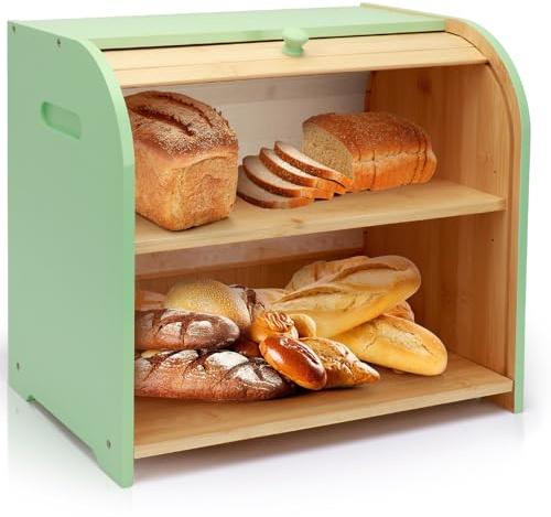 Thalomely Bread Box for Kitchen Countertop, Double Layer Bamboo Bread Storage Container for Homemade Bread, Roll Top Bread Box with 3 Adjustable Height for Kitchen Counter, Cyan Breadbox Organizer