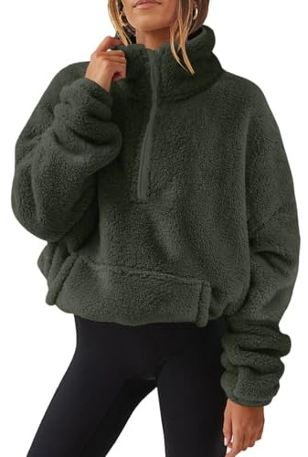 Yutdeng Sudadera sin Capucha Mujer Sweatshirt Forro Polar Sudadera Oversize con Cremallera Media Cuello Alto Hoodie con Bolsillos Csausl Deporte Invierno Otoño Chaqueta Polar Cálido,Verde,L