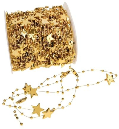 lokxmve - Guirnalda de perlas para árbol de Navidad de 10 m, decoración dorada con estrellas para Navidad, cadena de perlas para árbol de Navidad, adorno de árbol de Navidad, guirnalda de perlas para