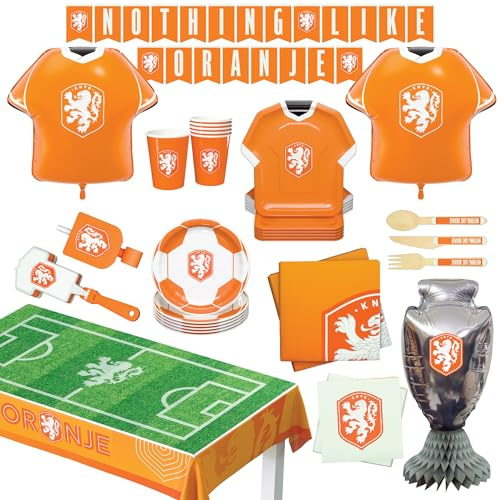 Netherlands KNVB National Team Official 77-Piece Party Supplies Set for 6 Guests, Plates, Cups, Napkins, Cutlery, Jersey Balloons, Decorations, Birthday & World Cup Match Celebration