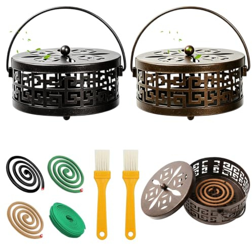 Vintage Metal Mosquito Coil Holder – 2 Retro Hollow Incense Burner Bowl | Portable Mosquito Repellent Coil Case Box with Handle Lid & Cleaning Brushes for Home, Garden, Camping, Patio Black & Bronze