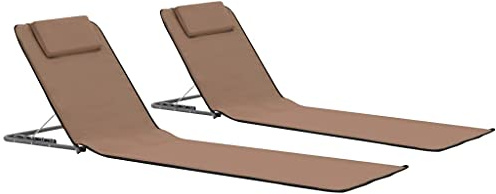 faucqel Tappetino da spiaggia pieghevole, 2 pezzi, con telaio in acciaio e tessuto, marrone, 160 x 53 x 47 cm, schienale regolabile, vano portaoggetti, per giardino, balcone, terrazza e uso esterno