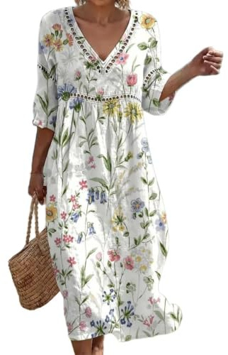Summer Dresses for Women UK Bohemian 3/4 Sleeve Print Dresses Casual Loose Fit Boho Dress Breathable Comfortable Friendly Elegant Style Holiday Beach Travel Everyday Wear