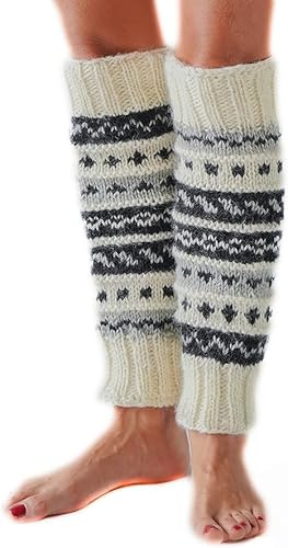 Tibetan Socks White/Black Hand Knit Wool Fleece Lined Leg Warmers Boot Toppers