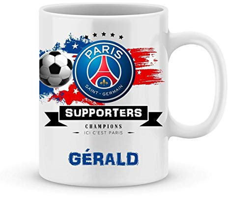 ÉNJA Création Mug de foot PSG à personnaliser avec votre prénom - Cadeau foot ligue1 Paris Saint Germain - Cadeau personnalisé fête des pères, anniversaire, Noël