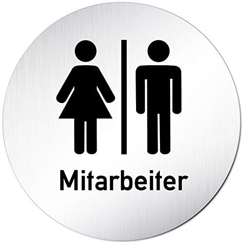 Kinekt3d Leitsysteme XXL Türschild • Ø 100 mm • Toilettenschild Mitarbeiter + Piktogramm • aus Aluminium Vollmaterial • geschliffene Edelstahloptik • 100% Made in Germany