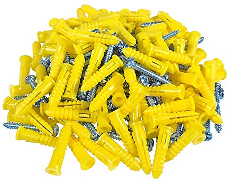 HANGDONE Ribbed Wall Anchors #4-#6 7/8-Inch with Screws 100-Pack, Yellow, Plastic Anchor for Drywall/Concrete, Pan Head Phillips Screw Included