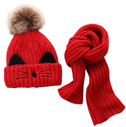 JFAN Set de Bufanda Gorro Niños Niñas Sombrero de Invierno para Niños Forro de Vellón 2-8 años Gorro de Pompón de Piel para Niños Pequeños Conjunto de Bufanda Sombreros de Punto(Rojo)
