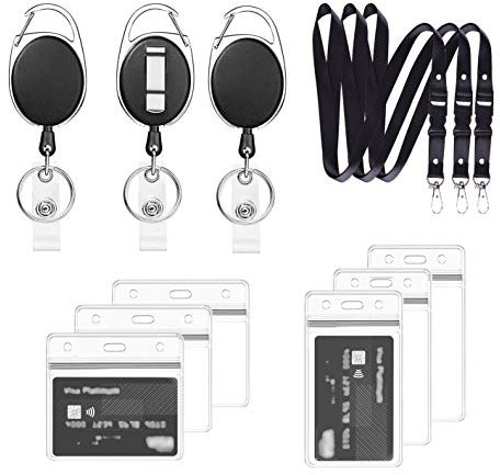 Einziehbarer Ausweishalter und Lanyard mit Kartenhalter, 3 Set - Lanyard, Schlüsselband Ausziehbar und Durchsichtigen Wasserdichten Ausweishülle, für Schlüssel,ID Card Holder (Schwarz B03)
