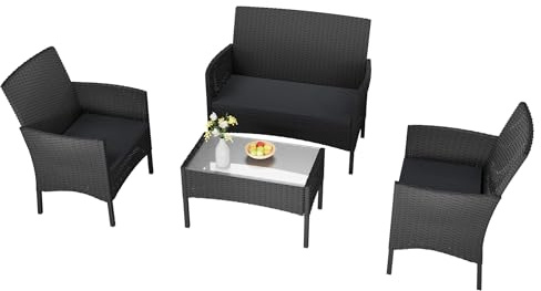 LZQ trädgårdsmöbelset poly rotting loungeset för 4 personer – med 2 soffa, enkelstolar, bord och sittdyna – antracit
