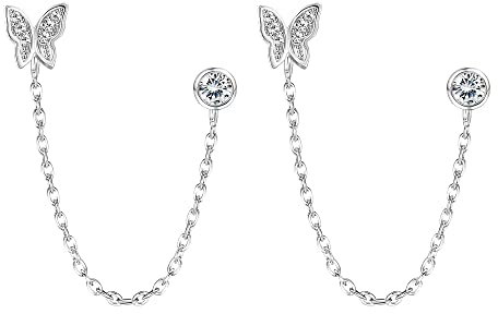Finrezio Sterling Silver Butterfly Piercing Minimalist Dangle Tassel Earrings
