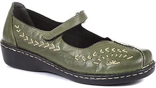 Pavers Womens Wide Fit Leather Mary Jane Shoes in Khaki Green - Comfortable Shoes to Walk in - Touch Fastening Strap & Cut-Out Detail for Everyday Wear - UK Size 6