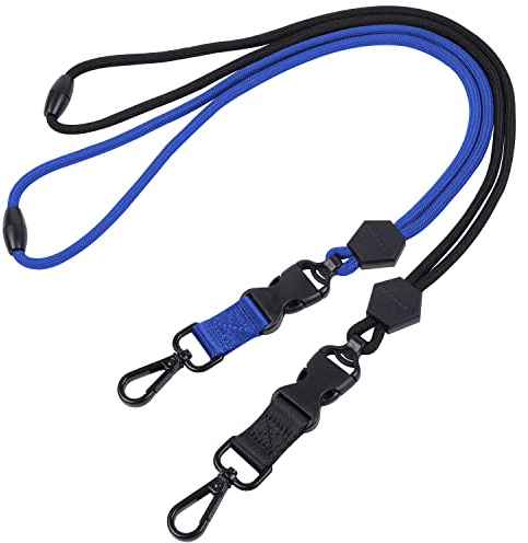 Wisdompro 2 Pack of 23 inch Durable Round Cord Heavy Duty Lanyard with Safety Breakaway Buckle, Detachable Buckle and Metal Hook for ID Card Badge Holder and Keys - Black and Blue