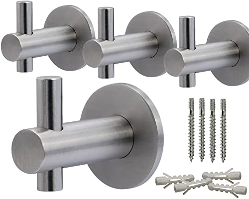 Neuhall 4 x Wandhaken Kleiderhaken Wand Handtuchhaken echt Edelstahl gebürstet nicht rostend Garderobenhaken Badezimmer Handtuchhalter für Wand-Montage inkl. Befestigungsset | Modern-rund Länge: 40mm