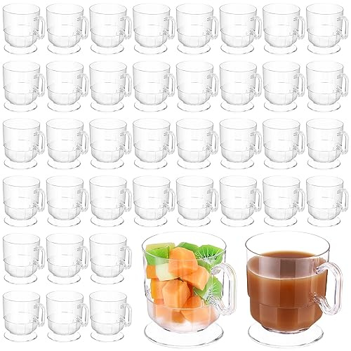 Dandat 50 Pcs Clear Hard Plastic Coffee Cup Tea Party Cup with Handle 8 oz Disposable Coffee Mug Bulk Reusable Espresso Mug for Tea Party School DIY Craft Birthday Dessert