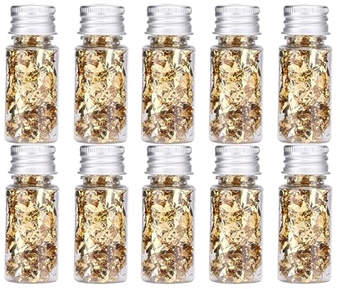 Duokon Hoja de Oro Alimentaria, Escamas de Hoja de Oro Refinada, Hoja de Oro Alimentaria Multifunción para Alimentos Postre Decoración Artesanía, Regalo (10 Botella)