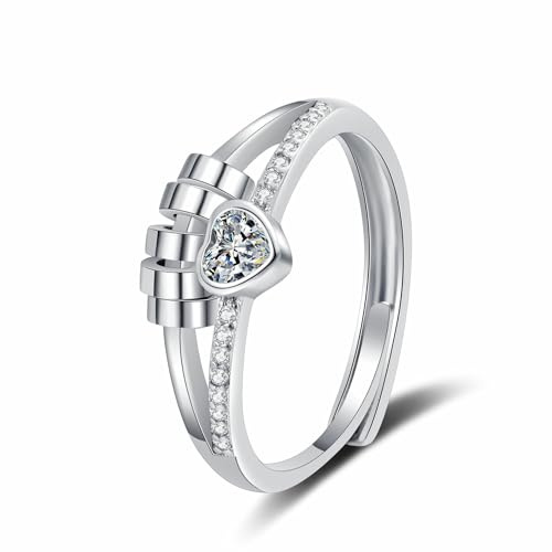 GAUEIOUR Anxiety Rings for Women Girls - Sterling Silver Fidget Rings for Anxiety, Adjustable Heart Studded Diamond Rotating Ring, Double Layered Line Meditation Accessory,Jewelry Gifts