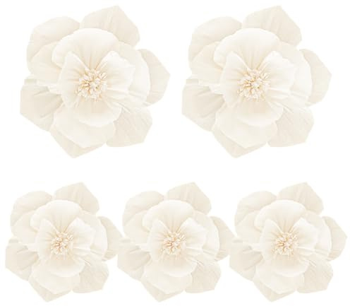 Lot de 5 fleurs artificielles en papier crépon 3D pour décoration murale de mariage, chambre d'enfant, arche, fête, décoration murale, beige