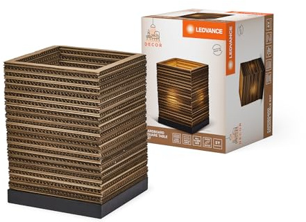 LEDVANCE Tischleuchte Decor Cardboard Square braun aus Wellpappe, leicht, E27, 200 mm Durchmesser, Leuchtenschirm aus recyceltem Material, nachhaltig durch austauschbare Lichtquelle, einfache Montage