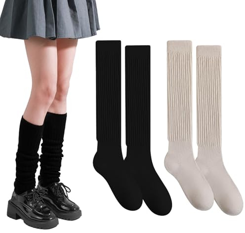 ATSNOSH 2 Paires Chaussettes Montantes Femme Filles, Chaussette Haute, Chaussettes de Démarrage Tricotées (FR/ES, Alpha/lettres, Taille unique, Taille normale, Taille normale, Noir + Beige)