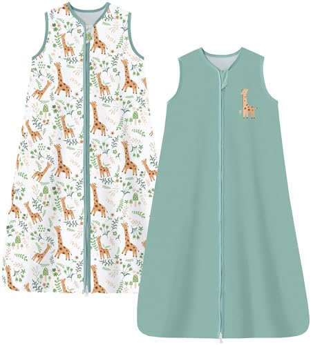 Chilsuessy Kinder Schlafsack 1.5 Tog 2er Pack Baby Schlafsack aus 100% Baumwolle,Baby Ganzjahresschlafsack Schlafanzug für Jungen und Mädchen, 1.5 Tog/Grün + Giraffe, 110cm/Baby Höhe 100-120cm