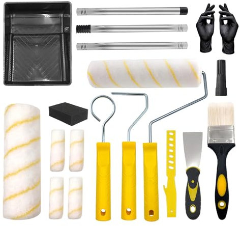 Farbroller Set mit Teleskopstange, 19-Teiliges Malerrollen-Set mit 53in Teleskopstange,9 Zoll /4 Zoll Malerrolle, Pinsel, Schaber und Farbwanne, Farbroller Wandfarbe Malerrolle für Wänden,Decken,Türen