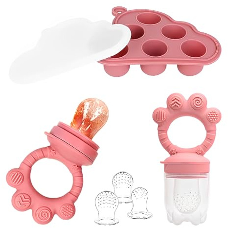 ORAGKE Chupete Fruta Bebe con 3 Tetinas de Silicona sin BPA, Chupetes y Recipiente Bandejas Congelar Comida con Tapas para Alimentacion Complementaria Bebe Denticion, Leche Materna, 4 Meses+ (Rosa)
