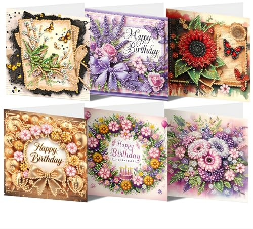 CAYUDEN Diamond Painting - Set di 6 biglietti di auguri per compleanno con diamanti, fai da te, con busta, set di biglietti di auguri con diamanti 5D, per amici, familiari